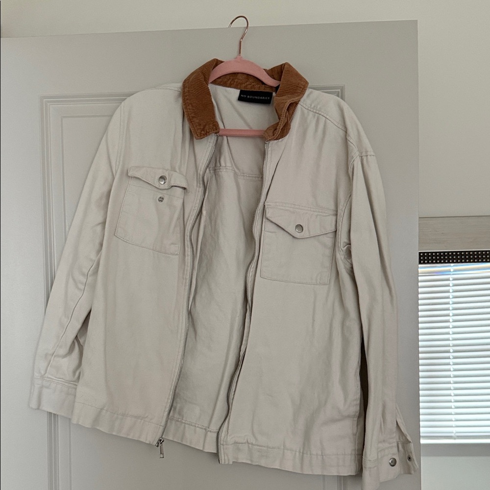No Boundaries Cream Jean Jacket with Brown Collar